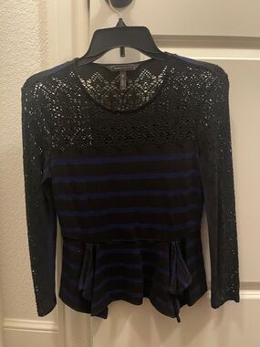 BCBGMaxAzria Black and Navy Lace-Trim Striped Peplum Top